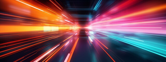 Poster - Abstract speed glowing light bold colors background banner illustration - Speedy motion blur creating flashy pattern of straight lines for web banner and wallpaper design (Generative Ai)