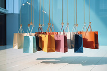 Colorful Shopping Bags Dangling In Front Of A Shop. Generative Ai.