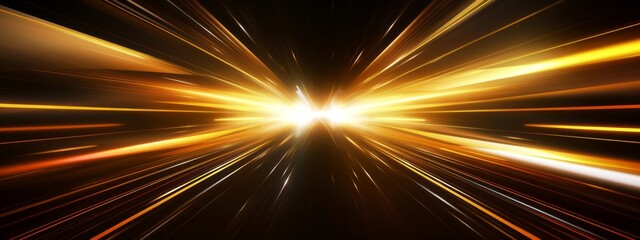Poster - Abstract speed glowing light background banner illustration - Speedy motion blur creating flashy pattern of gold straight lines, laser beams for web banner and wallpaper design (Generative Ai)