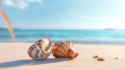 two sea shells on the beach rendering minimal background