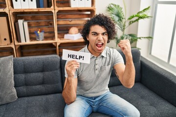 Sticker - Hispanic man with curly hair asking for help annoyed and frustrated shouting with anger, yelling crazy with anger and hand raised