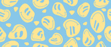 Vector Illustration. Funny Smiling Happy Face. Cartoon Style. Seamless Pattern. Smiley On A Blue Background. Fashion Character Doodle Wallpaper. Suitable For Wallpaper, Cover And Textile Design.