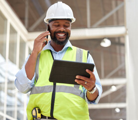 Phone call, black man and architect with tablet for research, planning and working on construction project. African engineer, mobile technology and happy contractor on internet, email and networking.