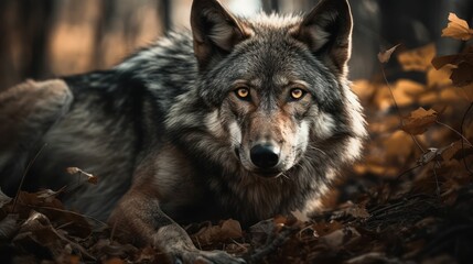 Sticker - AI generated illustration of a gray wolf on fallen leaves in a forest setting