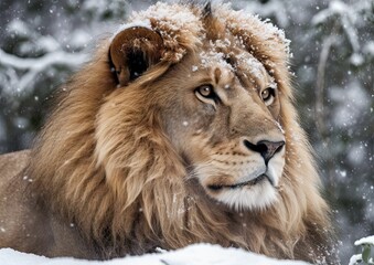 Poster - AI generated illustration of a beautiful, regal lion on a snowy mountaintop