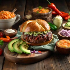 Poster - AI generated illustration of a hamburger served on a cutting board