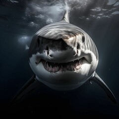 Sticker - AI-generated illustration of a great white shark swimming to the camera.