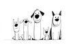 © Salander Studio - group of funny dogs - black and white line art illustration created using generative AI tools