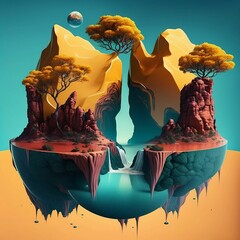 Sticker - AI generated illustration of lush trees planted on a rocky terrain, with a small stream of water