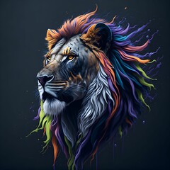 Canvas Print - AI generated illustration of a majestic lion with vibrant mane, in a powerful stance