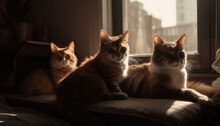 Three Cats Sitting On Top Of A Bed In Front Of A Window