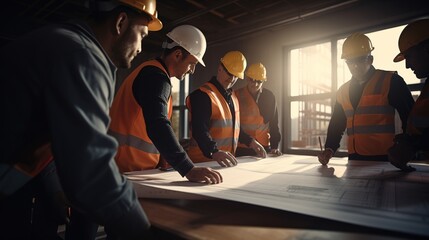 Wall Mural - Construction team, and site building job for architect and contractor working together on safety vision and project development with generative ai