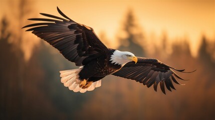 Poster - AI generated bald eagle flying on blurred background