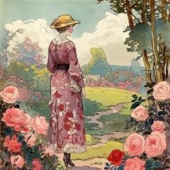 Wall Mural - a vintage illustration of a woman with roses in her garden