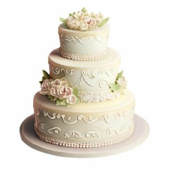 Poster - AI generated illustration of Three layered white wedding cake adorned with pink roses