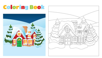 Christmas coloring book for children and adults. Santa's house on a snowy background. Near the house they ate in the snow and it is snowing. Mood of comfort, Christmas and holiday. 