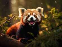 AI Generated Illustration Of A Cute Red Panda Resting Contentedly On A Log In A Wooded Area