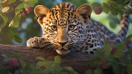 Sticker - AI generated illustration of a young leopard relaxing in the branches of a tree