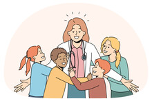 Happy Little Kids Hugging Smiling Female Doctor In Clinic. Excited Small Children Embrace Pediatrician Show Love And Care. Good Medical Service In Hospital. Vector Illustration.
