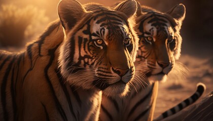 Poster - AI generated illustration of two Bengal tigers standing in the wilderness at sunset, side by side