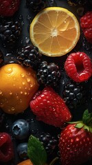 Wall Mural - AI-generated illustration of an assortment of ripe berries and oranges covered in water droplets.