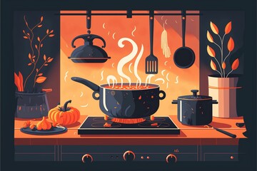 AI generated illustration of a pot of soup cooking on a stove top in a cartoon kitchen