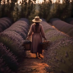 Sticker - a woman standing in lavender fields with a hat on her head