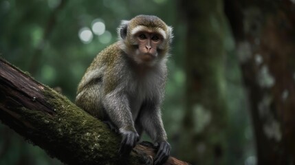 Poster - AI generated illustration of an adorable monkey perched on a tree branch in a lush green forest