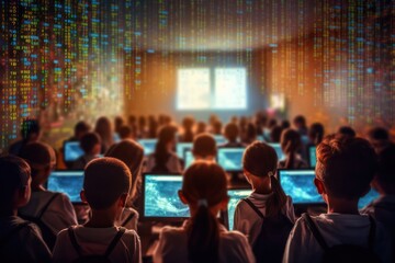 Back view of schoolchildren engrossed in a computer programming class, with holographic code snippets floating around them