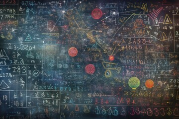 Colorful mathematical equations and formulas on a black old empty chalkboard
