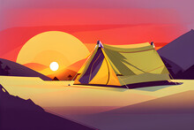 Zelt Zelten Camping Sonnenuntergang Aufgang Idyylisch Berge Generative Ki