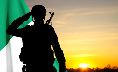 Canvas Print - Silhouette of a soldier with Nigeria flag against the sunset. Concept - Armed Force of Nigeria