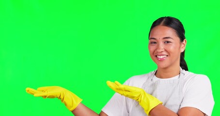 Wall Mural - Cleaning, presentation and show with woman on green screen for idea, choice and decision. Advertising, hygiene and space with portrait of person on studio background for offer, opinion and mockup