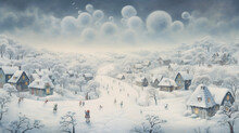 Childbook illustration village under snow [AI generative]