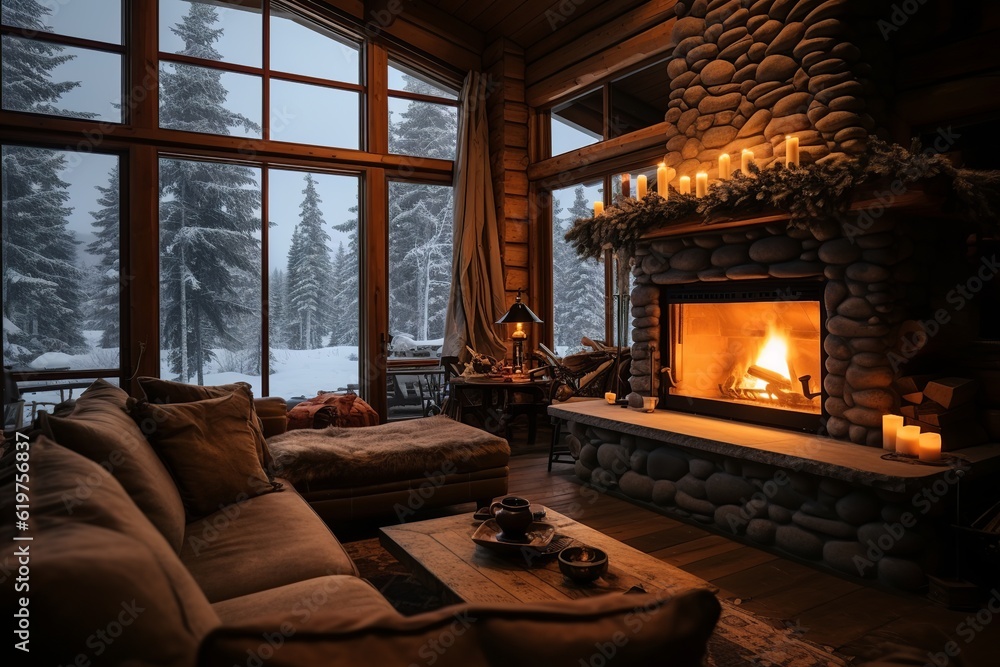 fireplace with christmas decorations in a cozy warm forest wooden log ...