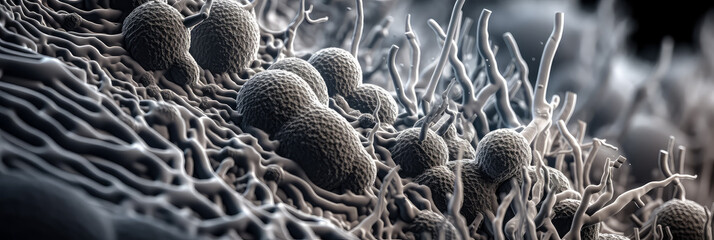 Wall Mural - macro image of viruses and bacteria in tissues, abstract lactobacilli, monochromatic electron microscope photo, microbiological microlife background, macro bokeh depth of field