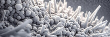 Macro Image Of Viruses And Bacteria In Tissues, Abstract Lactobacilli, Monochromatic Electron Microscope Photo, Microbiological Microlife Background, Macro Bokeh Depth Of Field