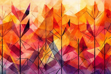 Mosaic Autumn Watercolor Abstraction With Elements Of Geometric Shapes