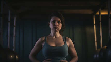 Poster - A woman in a tank top standing in front of a punching bag. Generative AI image.