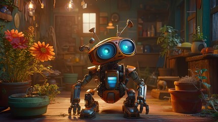 Wall Mural - Cartoon robot in cozy room with plants. Generative AI
