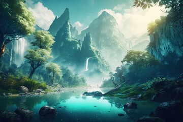 Wall Mural - Breathtaking fantasy landscape. Generative AI