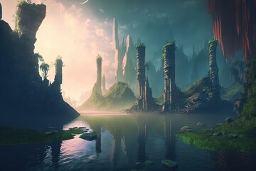 Wall Mural - Fantasy landscape of extraterrestrial island. Generative AI