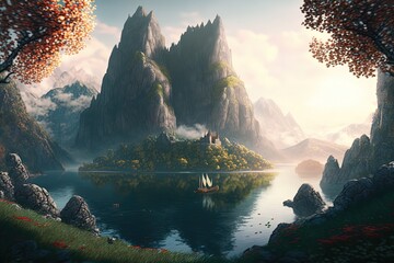 Wall Mural - Majestic fantasy landscape. Generative AI