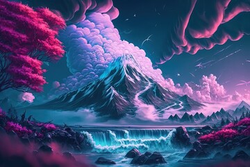 Wall Mural - Majestic fantasy landscape with mountains and extraterrestrial clouds. Generative AI