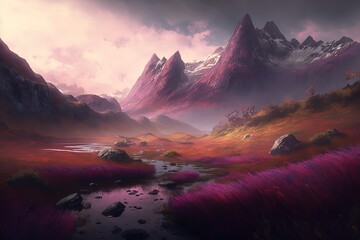 Wall Mural - Breathtaking fantasy landscape with colored grass. Generative AI