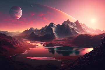Wall Mural - Fantasy landscape of extraterrestrial planet. Generative AI