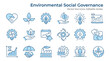 ESG flat icons, such as environment social governance, risk management, financial performance, sustainable developmen and more. Editable stroke.