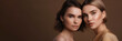 © overrust - portrait of two women in brown earth tones with copy space for a beauty advertisement, fictional person made with generative ai