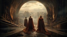 Three Person Figures In Cloaks Standing In A Building Arch With Ancient Architecture. People Standing In Arch Watching View Of A Fantastic World. Generative AI