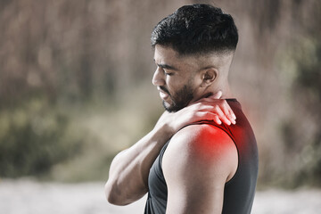 Poster - Shoulder pain, red and man in fitness or workout injury, sports risk or muscle healthcare in nature. Medical, neck or stress of athlete person massage for training, cardio or exercise problem overlay